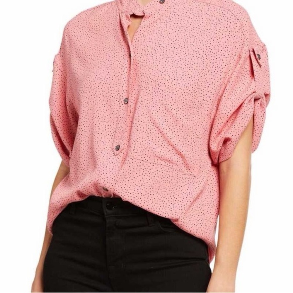 Equipment Pink Polka Dot Short Sleeve Button Up Top size XXS